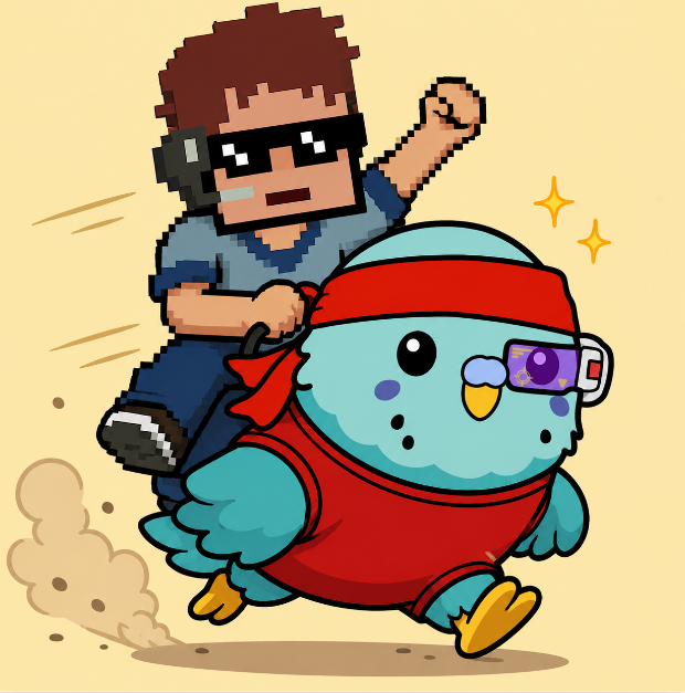A cartoon illustration of a boy wearing pixelated sunglasses riding a teal bird wearing a red bandana and futuristic visor, in an 8-bit pixel art style.