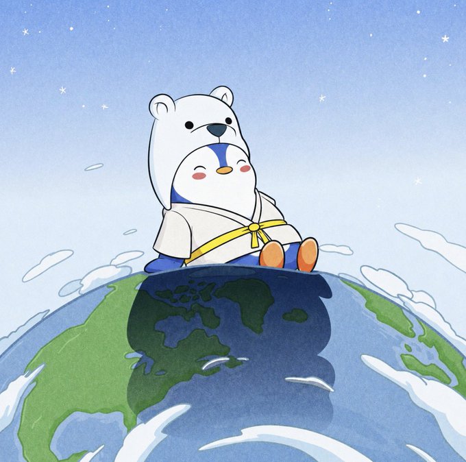 A charming illustration shows a small, cute penguin-like character dressed in a white polar bear hood sitting peacefully atop planet Earth against a starry sky.
