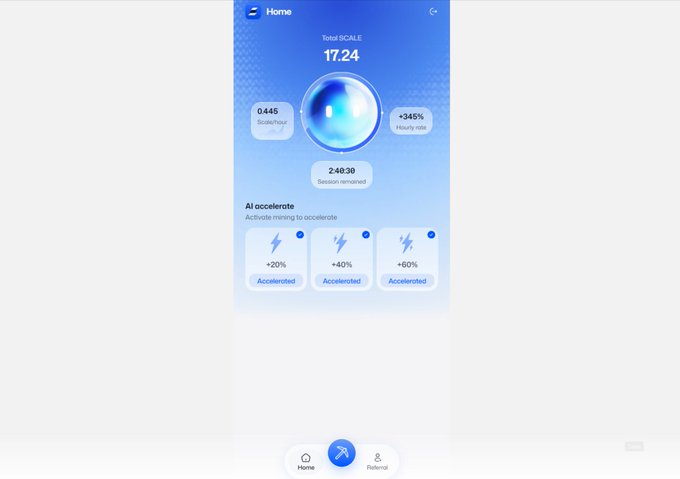 A mobile app interface showing a Home screen with 'Total SCALE 17.24', '0.445 Scale/hour', '+345% Hourly rate', '2:40:30 Session remained', and an 'AI accelerate' section with '+20%', '+40%', and '+60% Accelerated' mining options.