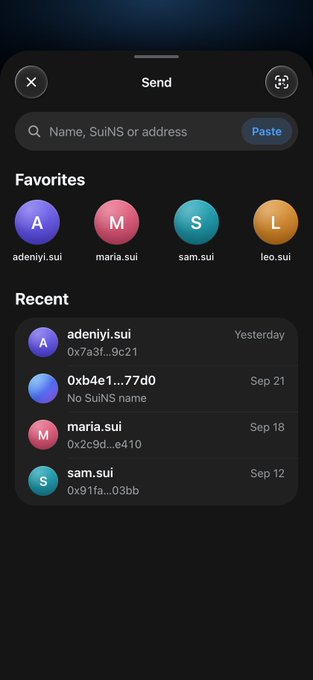 A redesigned "Send" screen mockup showing a search field alongside a "Favorites" row with four contacts (adeniyi.sui, maria.sui, sam.sui, leo.sui) and a "Recent" list displaying past transactions with addresses like adeniyi.sui and 0xb4e1...77d0 dated "Yesterday," "Sep 21," "Sep 18," and "Sep 12"—addressing the lack of saved contacts and transaction history in Slush Wallet's current UI.