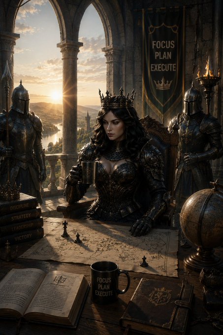 A fantasy illustration of a crowned queen in dark armor at a desk with maps, a 'FOCUS PLAN EXECUTE' mug, and banners reading 'FOCUS PLAN EXECUTE'.