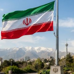 The Iranian flag waving in the wind against a backdrop of snow-capped mountains, with the Tehran TV Tower visible in the distance.