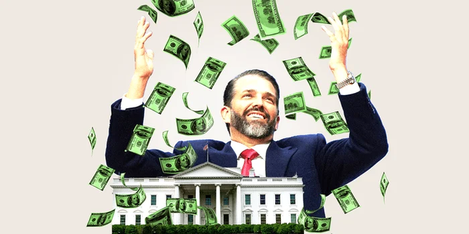 A photoshopped image of Donald Trump Jr. emerging from behind the White House with his arms raised in celebration as dollar bills rain down around him.