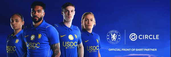 Promotional image showing four Chelsea Football Club players wearing blue jerseys with 'USDC by CIRCLE' on the front, alongside the Chelsea FC crest and the CIRCLE logo labeled 'OFFICIAL FRONT OF SHIRT PARTNER.'