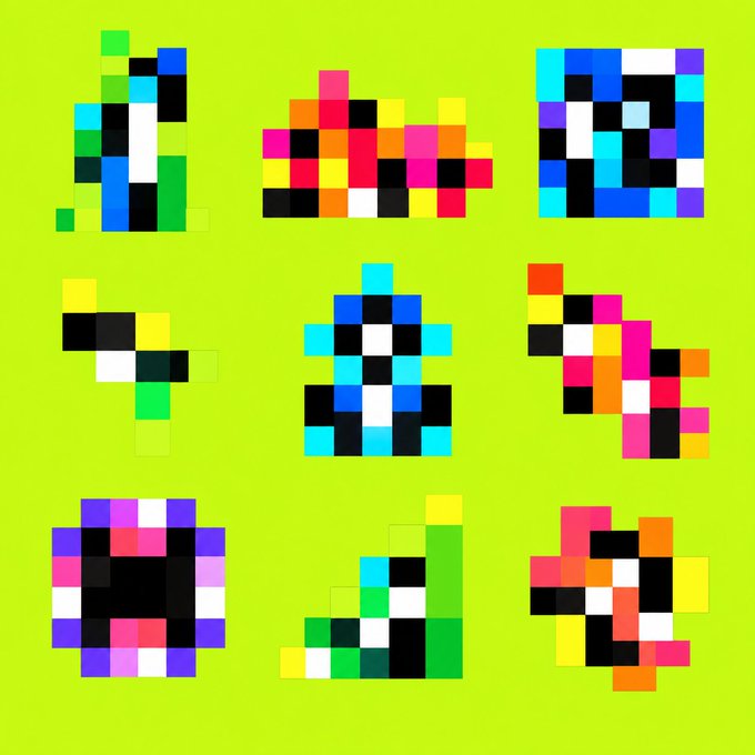 A 3x3 grid of colorful pixel art shapes on a lime green background, appearing to be previews of NFTs from a free mint collection on OpenSea, with 222 guaranteed spots available for the first minters.