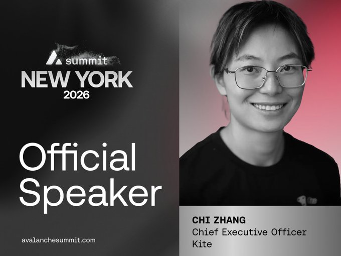 A promotional graphic for Avalanche Summit 2026 in New York featuring Chi Zhang, CEO of Kite, as an official speaker. The black-and-white portrait is paired with pink accents and the event branding, supporting the announcement of her upcoming talk on onchain finance and AI agent payments.