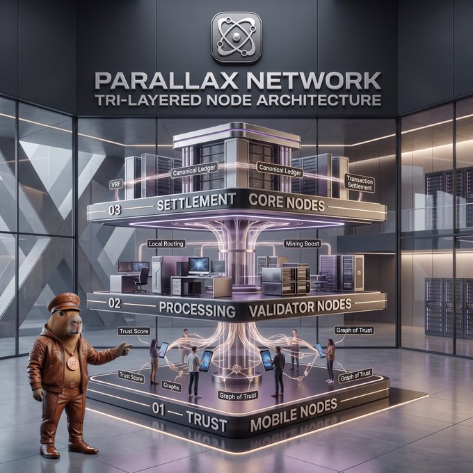 A 3D infographic illustrating the 'PARALLAX NETWORK TRI-LAYERED NODE ARCHITECTURE' with three tiers: Trust Mobile Nodes, Processing Validator Nodes, and Settlement Core Nodes, accompanied by a bear mascot in a leather jacket.