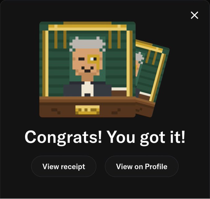 A digital pixel-art celebration screen featuring two stacked cards with a judge-like character wearing a monocle, with text 'Congrats! You got it!' and buttons for 'View receipt' and 'View on Profile'.