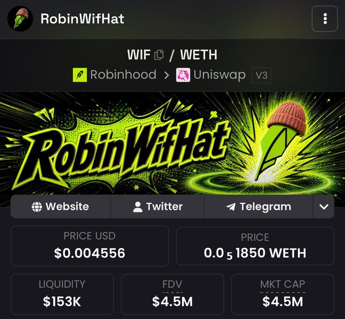 The image shows a cryptocurrency tracking page for "RobinWifHat" (WIF/WETH) traded on Uniswap V3 via Robinhood, displaying a price of $0.004556 USD (0.000051850 WETH), liquidity of $153K, and an FDV/market cap of $4.5M. This relates to the post celebrating a new all-time high (ATH), as the commenter notes significant growth from when FDV was just 19K to the current $4.5M valuation.