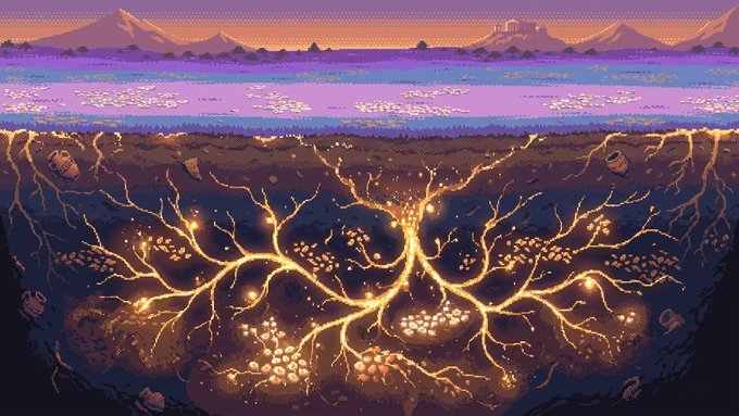 A pixel art style image depicting a glowing golden root system spreading beneath a purple and blue landscape with mountains in the distance.