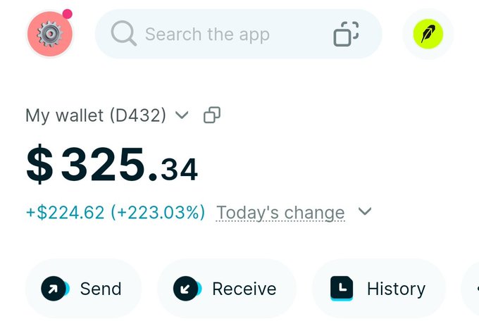 A cryptocurrency wallet app screenshot showing a balance of $325.34 with a today's change of +$224.62 (+223.03%).