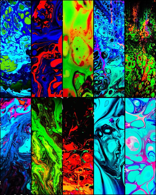 The image features an abstract art piece with twelve distinct panels, each exhibiting a unique color scheme and style. The colors used are predominantly blue, green, red, pink, purple, orange, yellow, black, white, and gray. Each panel is filled with vibrant hues that create a sense of movement and energy within the artwork. The panels are arranged in a grid-like pattern, showcasing an array of colors and styles across each row and column. This diverse collection of abstract art pieces highlights the artist's skill in creating dynamic and engaging visual experiences for viewers.