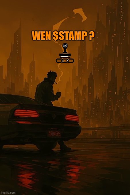 A cyberpunk-style illustration showing a person leaning on a car in a futuristic city, with the text "WEN $TAMP?" displayed prominently above.