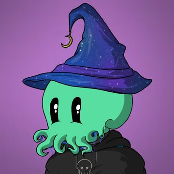 A cartoon illustration of a green octopus-like creature wearing a dark blue wizard hat adorned with a crescent moon, set against a purple background.