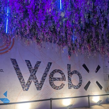 A photograph of a large 'Web3' sign with a geometric symbol, positioned below hanging purple wisteria flowers and lit by blue spotlights.