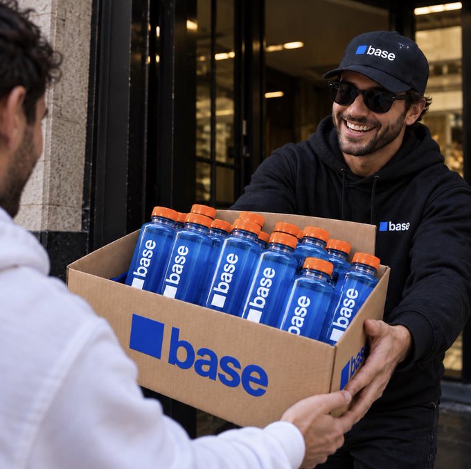 A man in a black "base" hoodie and cap hands a cardboard box filled with blue "base" branded water bottles to another person.