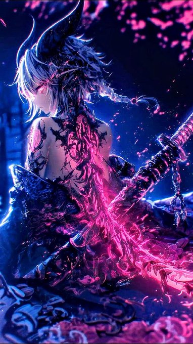 The image features a girl with a sword and a cape, possibly from a video game or anime. The girl has tattoos on her back and appears to be wearing a dress that matches the colors of the sword she holds. She seems to be looking down at something in front of her, which could be related to the post about wallchain.