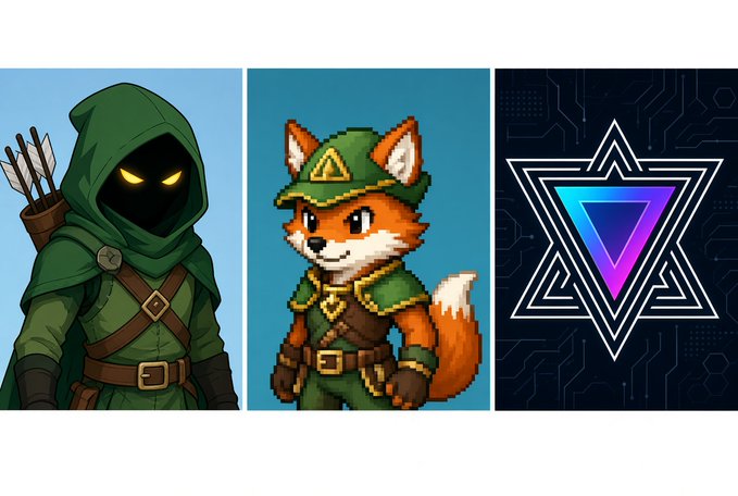 Three digital illustrations: a hooded archer with glowing eyes, a fox in green Link-style attire, and a purple/blue geometric triangle logo.