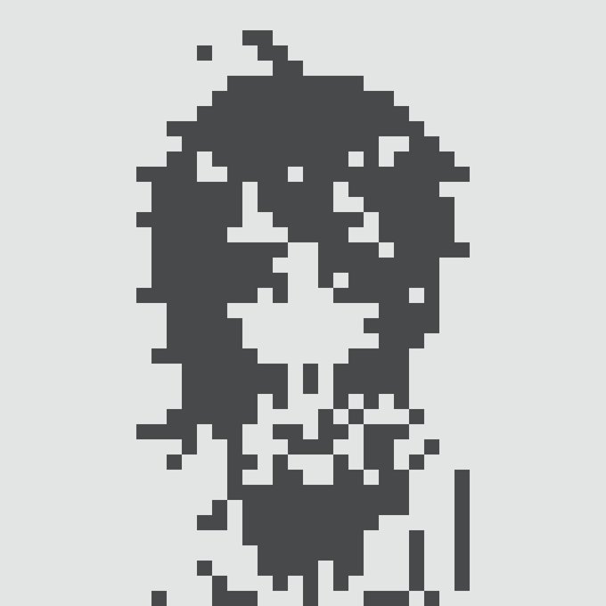 A pixelated gray silhouette of a hooded figure on a light background.