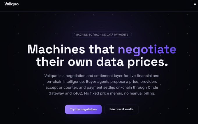 The Valiquo website homepage features the headline "Machines that negotiate their own data prices" describing a negotiation and settlement layer for live financial and on-chain intelligence.