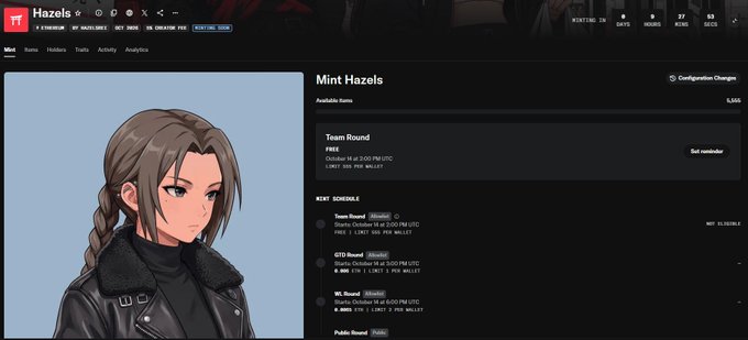 A screenshot from a Hazels NFT minting page shows the "Mint Hazels" interface with a 0.065 ETH mint price and 1,565 available mints, displaying an anime-style female character in a black jacket alongside NFT collection statistics (10,038 minted, 9,758 holders) that relate to the user's post about preparing for the whitelist mint.