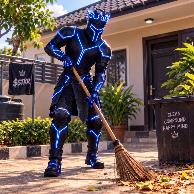 A figure in black futuristic armor with glowing blue neon lines and a matching crown is sweeping a driveway with a broom; nearby bins read 'STKR' and 'CLEAN COMPOUND HAPPY MIND'.