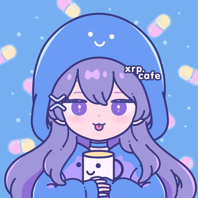 A cute anime-style illustration of a purple-haired character with a blue hood and horns, holding a smiling cup, with floating pill shapes in the background and text 'xrp.cafe'.