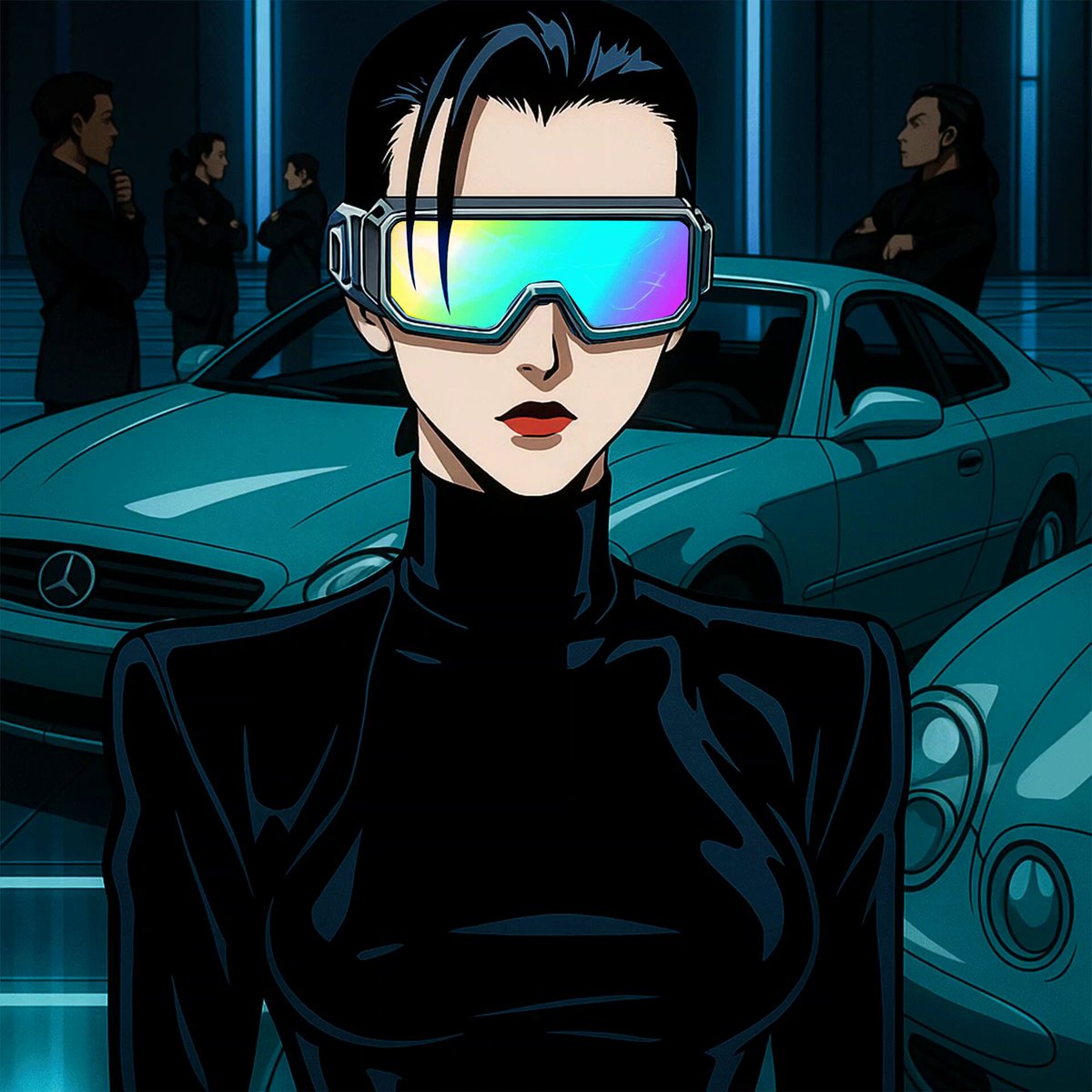 The image features a woman wearing black clothing, including a turtleneck top with a futuristic design that includes blue goggles. She stands next to two cars - one silver Mercedes-Benz C-Class and another black car. The background of the image is dark, which contrasts with the bright colors of her outfit and the vehicles. There are also several people in the scene, some standing behind her while others are closer to the foreground. The caption "Gm Broadcasting on Tezos" suggests that this image might be related to a television show or streaming platform called Tezostewsday.