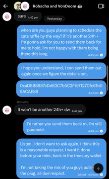 A screenshot of a WhatsApp conversation between users "Robacha and VonDoom" where Robacha mentions scheduling a "cats raffle" and references items like "0xaD888887c0d63C7b5C2F7e7127Cfc1b05ACAE89" and a "treasury wallet," relating to allegations of a $10,000 NFT theft involving the cashcats project.