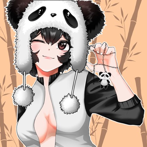 An anime-style illustration of a girl wearing a panda hood and a black and white outfit, winking while holding up a small panda pendant on a chain.