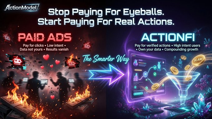 The image shows a poster promoting an action figure game called "ActionModel" that uses artificial intelligence (AI) to generate content, such as characters and stories. The poster features two contrasting scenes - one with people playing the game using traditional methods, and another scene where AI generates content for them. The text on the poster encourages users to try out the game without paying for eye balls or paid ads, suggesting that ActionModel offers a more efficient and cost-effective way of generating content compared to traditional paid advertising models.