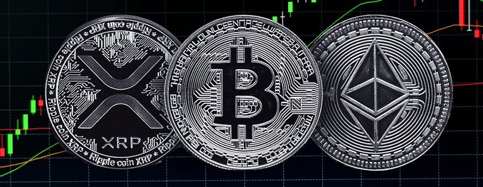 Three physical-style cryptocurrency coins—XRP, Bitcoin (₿), and Ethereum (Ξ)—displayed side by side against a dark candlestick chart background, visually representing the leading assets featured in the ETF inflows data for August 19.