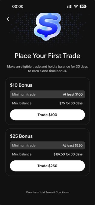 A mobile app screenshot titled 'Place Your First Trade' showing a $10 bonus offer for trading at least $100 and a $25 bonus for trading at least $250, with minimum balance requirements.