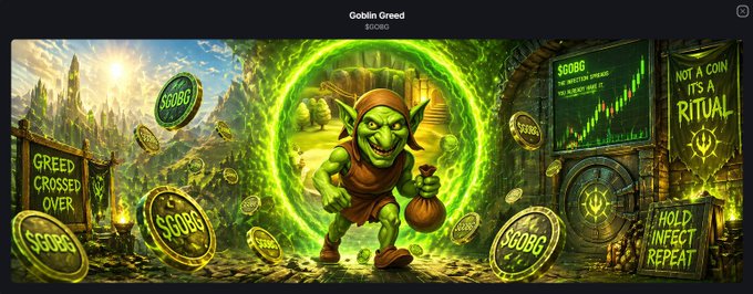 A mischievous green goblin stands in a glowing portal surrounded by piles of gold coins emblazoned with "$GOBG," set against a fantasy castle backdrop with slogans like "GREED CROSSED OVER" and "NOT A COIN IT'S A RITUAL" — visually embodying the meme's theme of a rogue goblin arriving on Solana to chase a $1,000,000 prize pool.