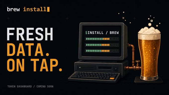 A promotional graphic for 'brew install' with the tagline 'FRESH DATA. ON TAP,' featuring a retro computer displaying '$INSTALL / BREW' next to a glass of beer.