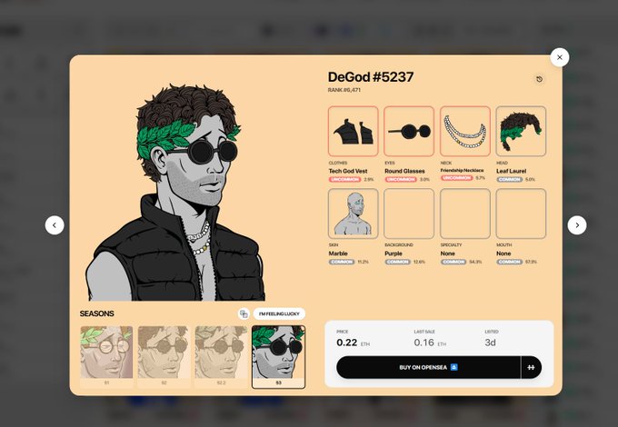 A detailed view of a DeGod #5237 NFT listing on the DeGods marketplace, showing its traits including a Tech God Vest, Round Glasses, and Leaf Laurel, currently priced at 0.22 ETH with a 3-day listing. The interface displays rarity rankings for each attribute and thumbnails of past seasons, illustrating the post's praise for DeGods' well-organized marketplace and the artwork's continued quality.