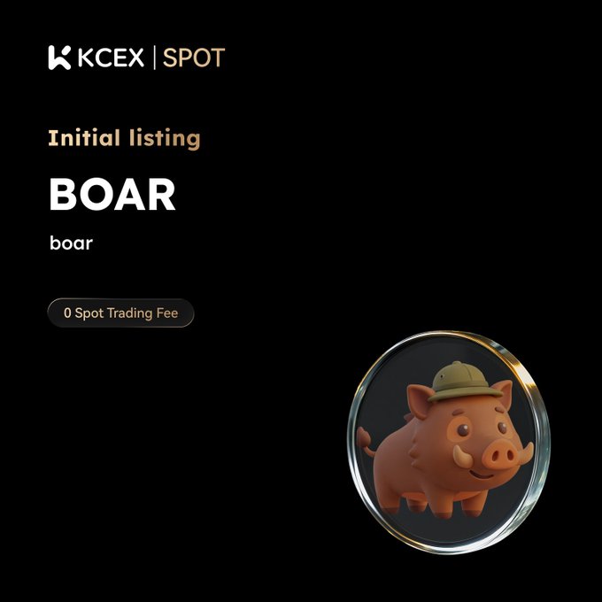A KCEX Spot announcement for the initial listing of BOAR (boar) token with 0 Spot Trading Fee, featuring a 3D-rendered pig wearing a safari hat as the mascot.