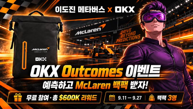 OKX Outcomes promotional banner featuring a McLaren Formula 1 collaboration event with rewards up to $600K from September 11-27.