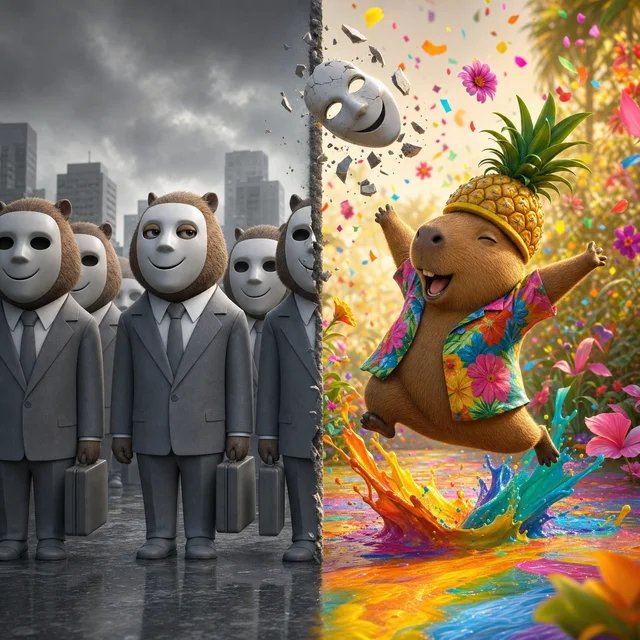 A split-screen 3D illustration contrasts a dreary, grayscale city scene with masked figures in suits on the left against a vibrant, colorful tropical scene with a capybara wearing a pineapple hat and floral shirt on the right.