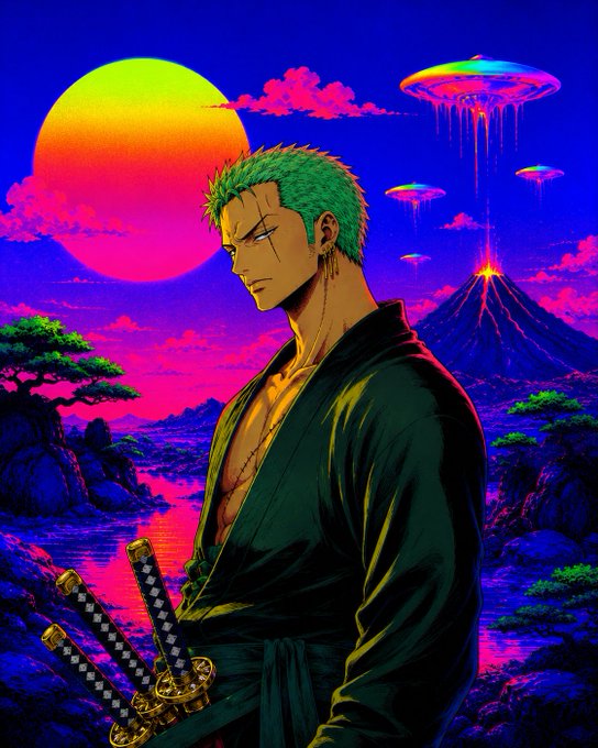 A vibrant vaporwave-style illustration of Roronoa Zoro from One Piece, featuring green hair, a black kimono, and three swords, set against a neon sunset with a volcano and UFOs in the background.