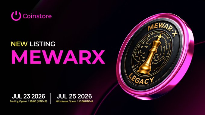 Coinstore announces the new listing of MEWARX with a MEWARXUSDT trading pair, featuring a sleek black and pink promotional banner displaying the token's branded coin design. The graphic confirms the schedule: trading opens July 23, 2026 at 15:00 (UTC+8) and withdrawals open July 25, 2026 at 15:00 (UTC+8).