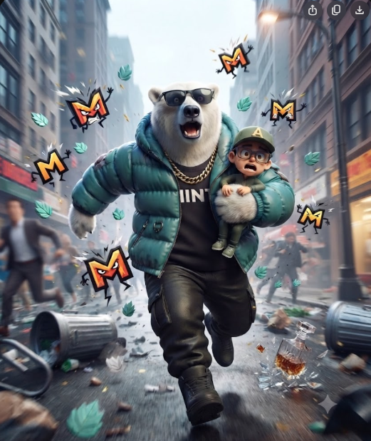A digital illustration of an angry polar bear in a puffer coat and sunglasses running down a city street while holding a small boy in a military outfit, with 'M' symbols floating around them.