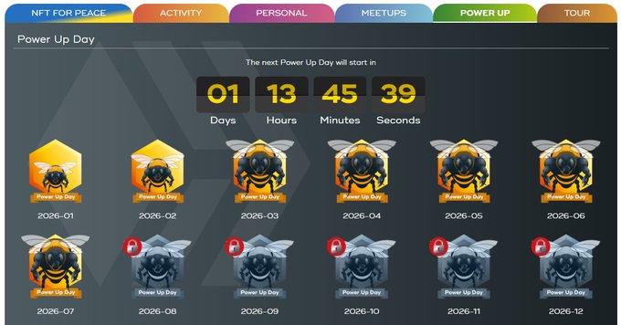 A website showing a 'Power Up Day' countdown timer at 1 day, 13 hours, 45 minutes, 39 seconds, displaying a 12-part NFT collection of bee characters with the first two available and the rest locked.