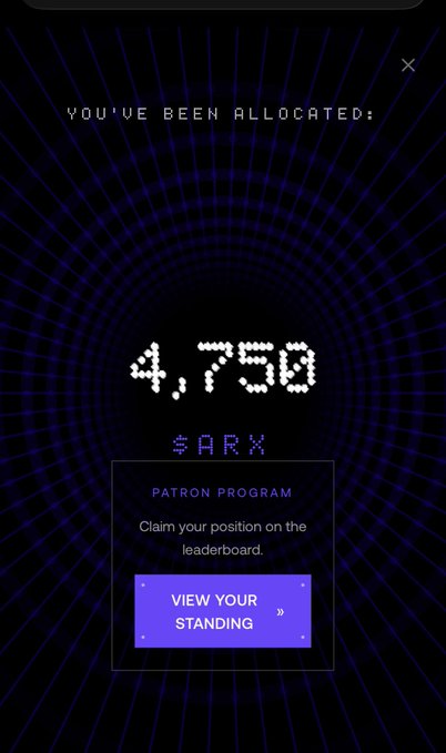 In the image, there is a screenshot of a webpage displaying the result of an ARX game leaderboard. The screen shows "You've been allocated 4,750 ARX Huge thanks to the @Arcium team & the entire community for this opportunity." which highlights that the player has won 4,750 points in the game.