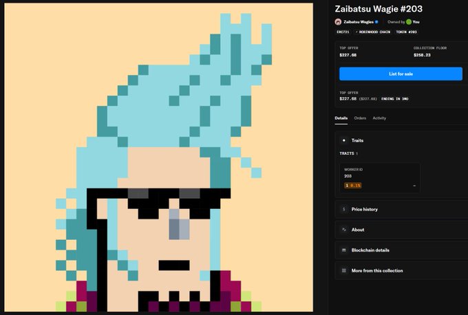 A digital marketplace listing for 'Zaibatsu Wagie #203' NFT, showing a pixel art character with a blue flame hairstyle and sunglasses, owned by 'You', with a top offer of $237.08 and a 'List for sale' button.
