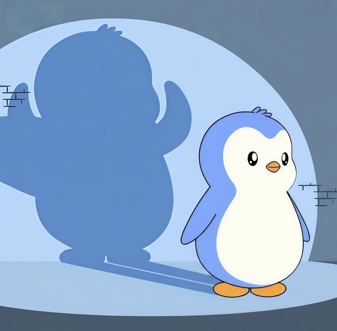 A cute cartoon penguin stands in front of a wall, casting a large shadow that makes it look like a monster.