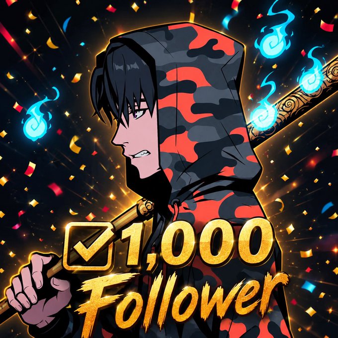 Anime-style illustration celebrating '1,000 Followers' featuring a hooded character with blue flames and confetti.