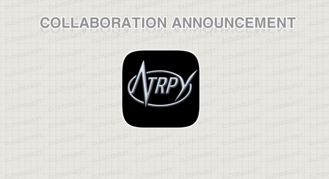 The image displays a "COLLABORATION ANNOUNCEMENT" banner featuring the NTRPY logo on a black app icon against a gray Cloud Quest branded background, promoting the partnership announced in the tweet for a free mint NFT collection of 3,333 supply on the Robinhood chain.