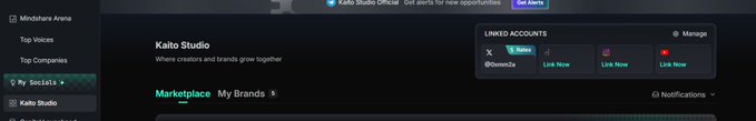 A screenshot of a web interface showing a 'Kaito Studio' page with social media accounts listed. Visible accounts include X (@beenz2e), Telegram, Instagram, and YouTube, all marked 'Link Now'.