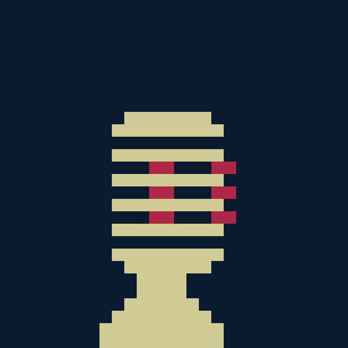A minimalist pixel-art style depiction of a vintage microphone in beige, tan, and dark red colors on a dark gray background.